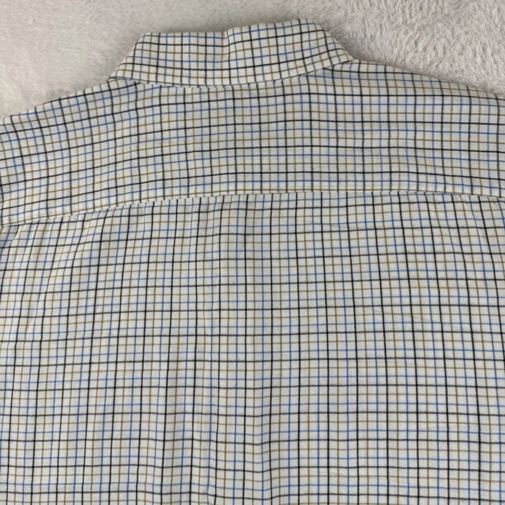 Banana Republic Button Down Shirt Mens L White Blue Plaid Untucked Fit Cotton